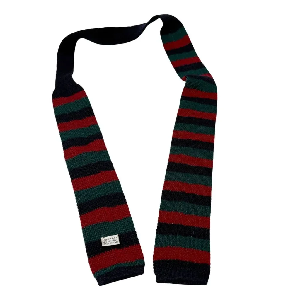 Vtg Square Knit Neck Tie Red Navy Pine Green Striped 100% Wool Made Italy